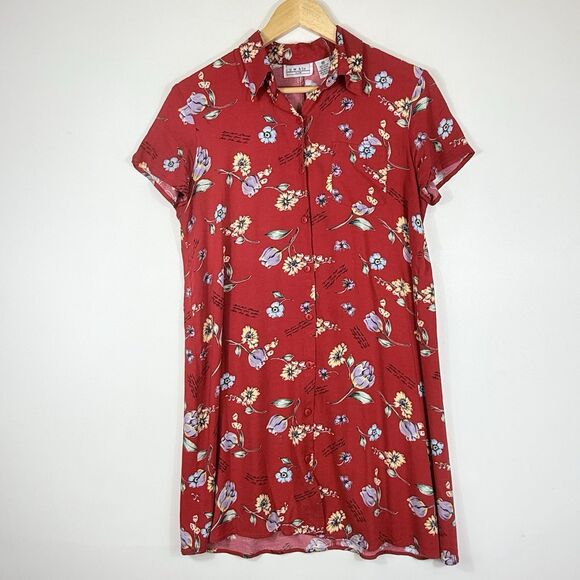 U.M & Co Vintage Red Floral Y2K 90s Rayon Button Front Dress Women's Size Medium - Picture 1 of 7